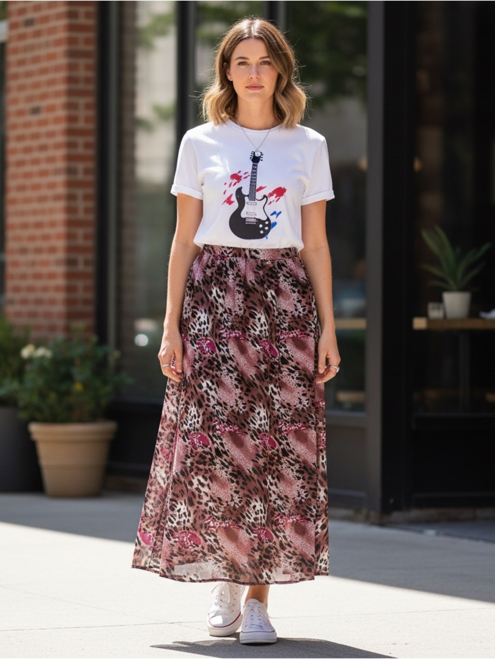 Pink Animal-Print Maxi Skirt Glam Rock Chic Boho Indie Size Small